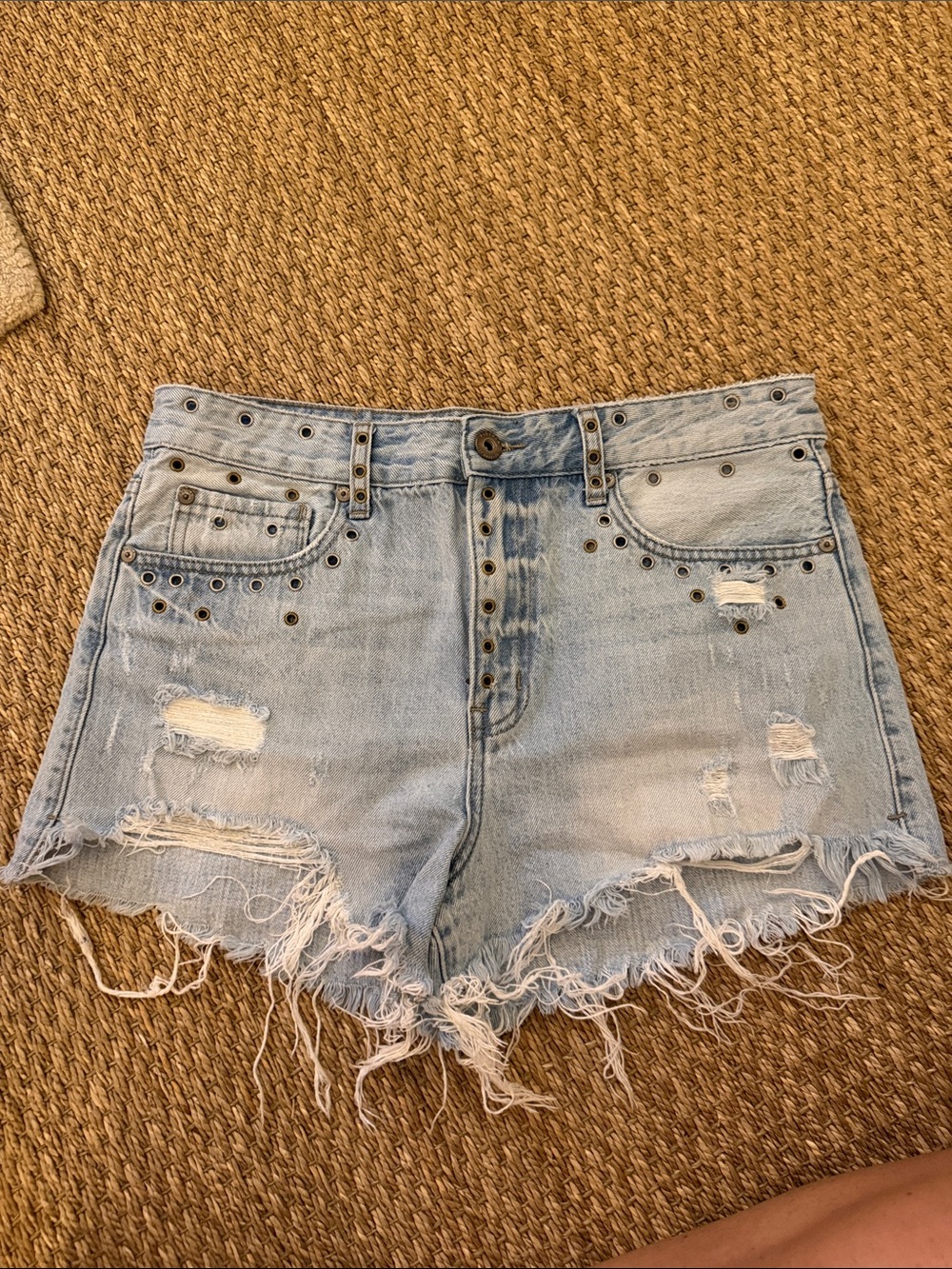 pistola Light Blue Distressed Denim Shorts with Stud Accents
